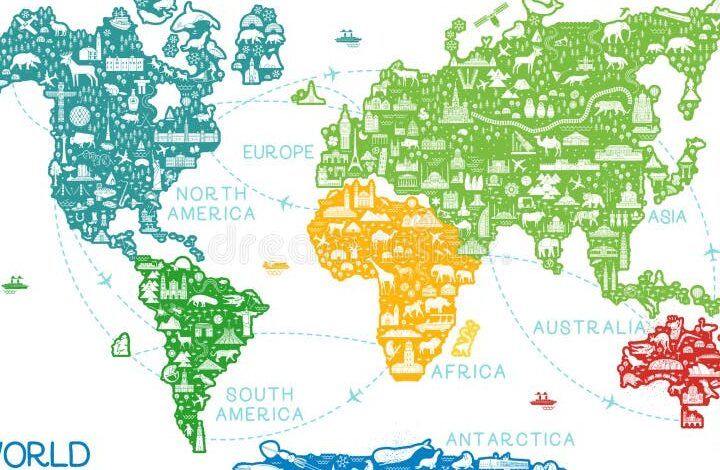 mapa del mundo con iconos de viajes